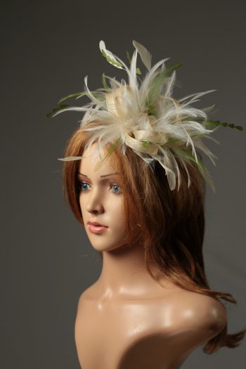 cream and olive moss green sinamay and feather fascinator hat