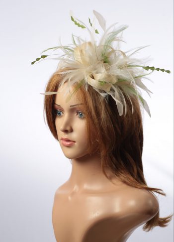 cream and olive moss green sinamay and feather fascinator hat