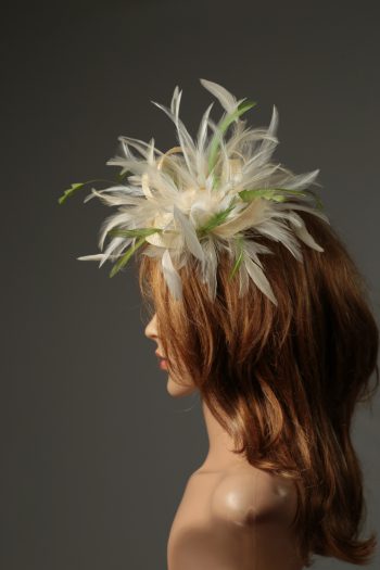 cream and olive moss green sinamay and feather fascinator hat