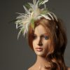 cream and olive moss green sinamay and feather fascinator hat