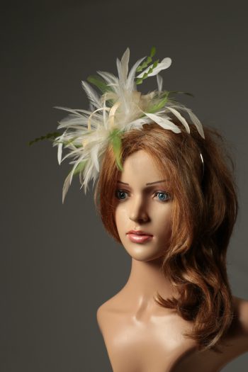 cream and olive moss green sinamay and feather fascinator hat