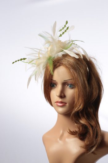 cream and olive moss green sinamay and feather fascinator hat