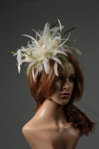 cream and olive moss green sinamay and feather fascinator hat