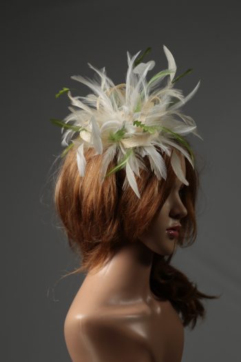 cream and olive moss green sinamay and feather fascinator hat