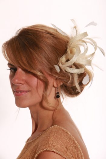 Cream small sinamay and feather fascinator hat