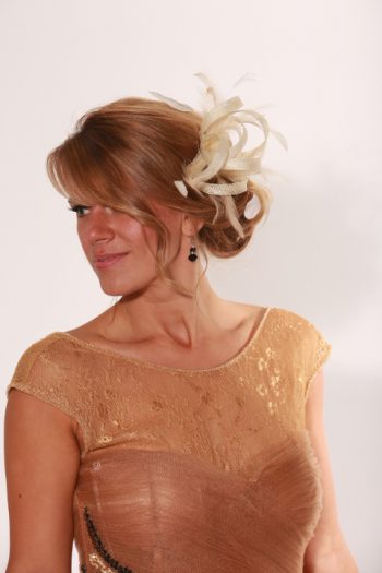 Cream small sinamay and feather fascinator hat