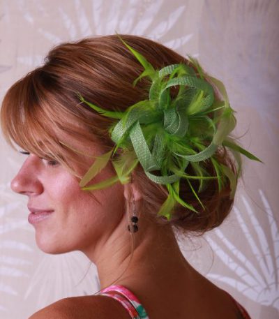 Lime Green small sinamay and feather fascinator hat