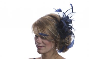 Navy Blue small sinamay and feather fascinator hat