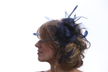 Navy Blue small sinamay and feather fascinator hat