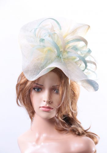 aqua ivory lemon sinamay feather saucer hat