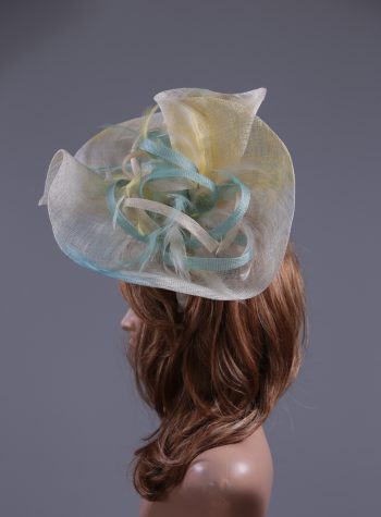 aqua ivory lemon sinamay feather saucer hat