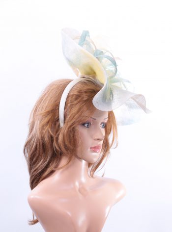 aqua ivory lemon sinamay feather saucer hat