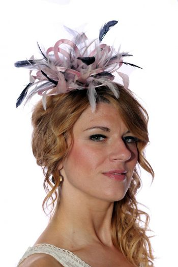 baby pink and navy blue small fascinator feather hat