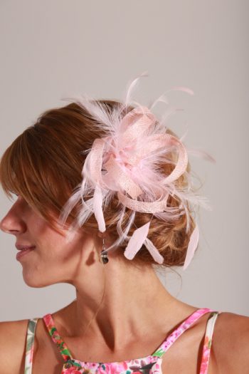 baby pink small sinamay and feather fascinator hat