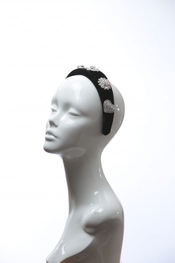 Black Rhinestone Diamante Velvet Padded crown fascinator headband