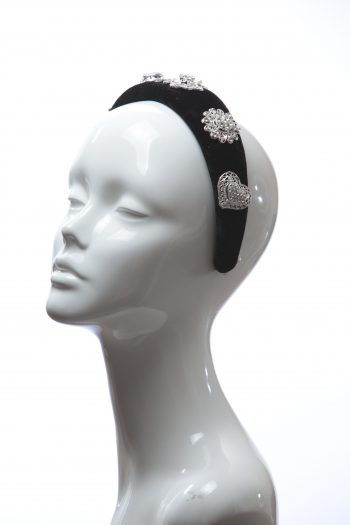 Black Rhinestone Diamante Velvet Padded crown fascinator headband