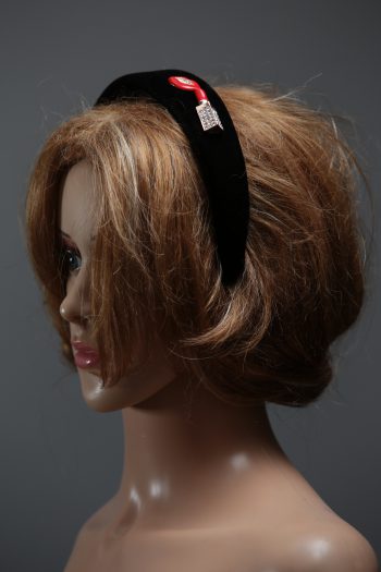 Black velvet Padded crown fascinator headband with lipstick and lips/kiss gems