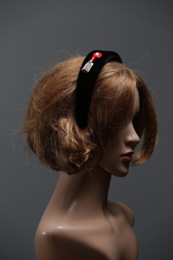 Black velvet Padded crown fascinator headband with lipstick and lips/kiss gems