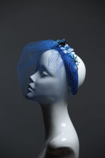 Electric royal blue beaded veil Fascinator Hat Headband handmade and padded