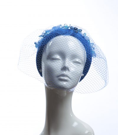 Electric royal blue beaded veil Fascinator Hat Headband handmade and padded