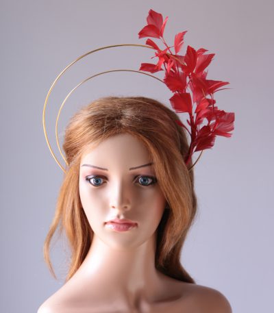 gold double halo crown with red feather tree