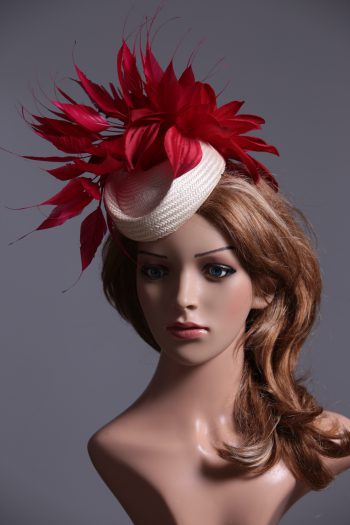 Ivory & Red Pillbox Feather Fascinator Hat