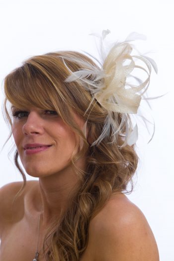 Ivory small sinamay and feather fascinator hat