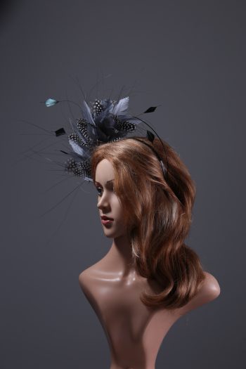 pewter grey feather mount on a black halo crown headband