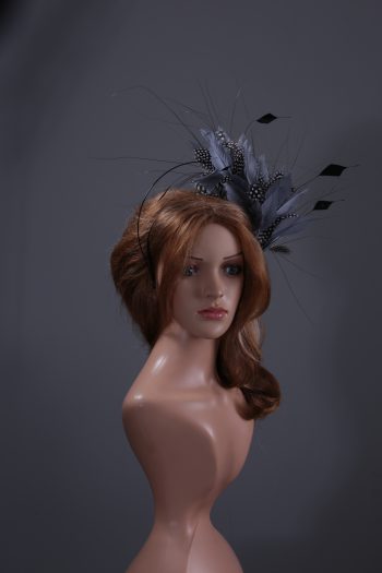 pewter grey feather mount on a black halo crown headband