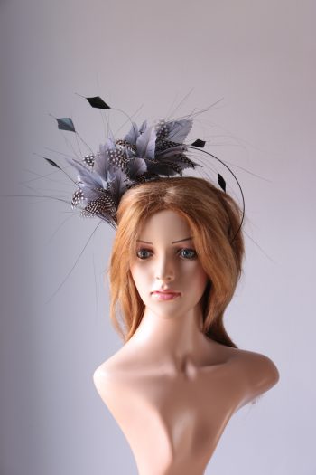 pewter grey feather mount on a black halo crown headband