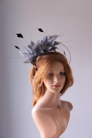 pewter grey feather mount on a black halo crown headband