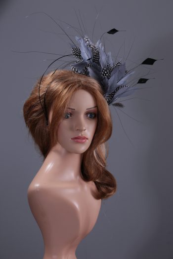 pewter grey feather mount on a black halo crown headband