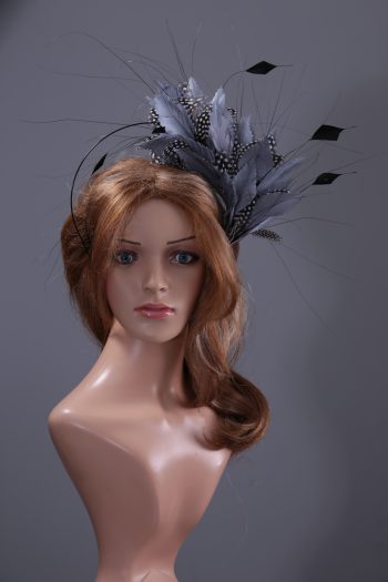 pewter grey feather mount on a black halo crown headband