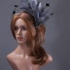 pewter grey feather mount on a black halo crown headband