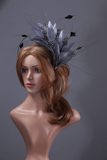 pewter grey feather mount on a black halo crown headband