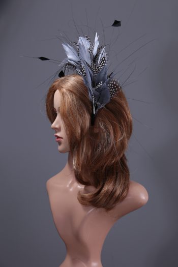 pewter grey feather mount on a black halo crown headband