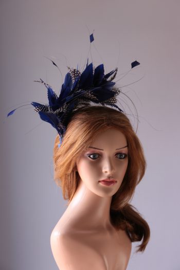 royal blue and black feather mount on a silver halo crown