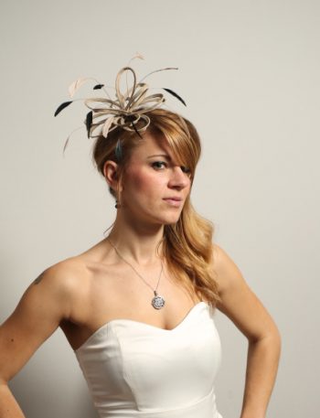 taupe nude and black feather fascinator hat