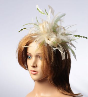 cream and olive moss green sinamay and feather fascinator hat