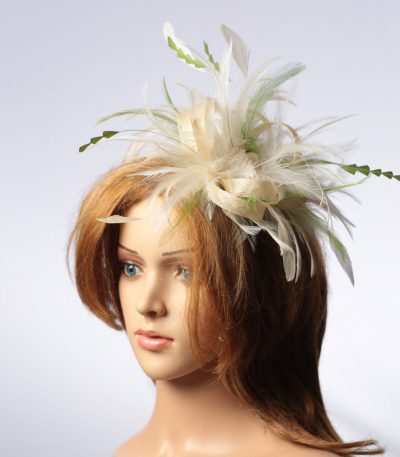 cream and olive moss green sinamay and feather fascinator hat