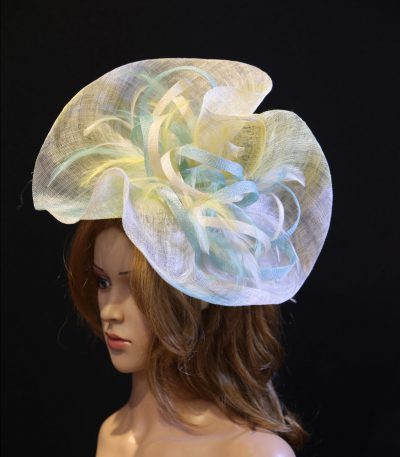 aqua ivory lemon sinamay feather saucer hat