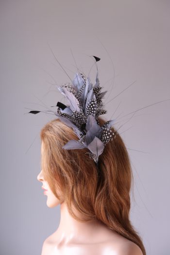 pewter grey feather mount on a black halo crown headband