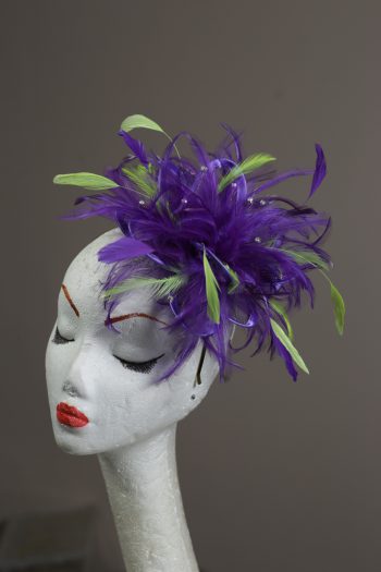 purple and acid lime green small feather fascinator hat