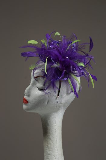 purple and acid lime green small feather fascinator hat
