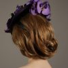 Aubergine sinamay saucer fascinator hatinator hat with purple and black orchid flowers