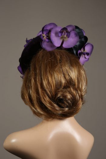 Aubergine sinamay saucer fascinator hatinator hat with purple and black orchid flowers