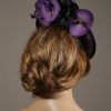 Aubergine sinamay saucer fascinator hatinator hat with purple and black orchid flowers