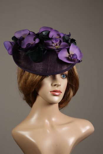 Aubergine sinamay saucer fascinator hatinator hat with purple and black orchid flowers