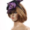 Aubergine sinamay saucer fascinator hatinator hat with purple and black orchid flowers