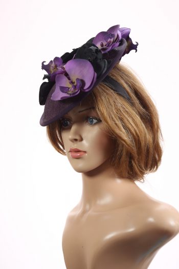 Aubergine sinamay saucer fascinator hatinator hat with purple and black orchid flowers